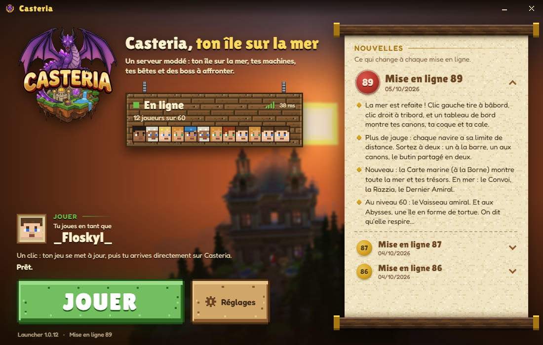 Le launcher Casteria : le bouton Jouer, l'état du serveur et les nouvelles de chaque mise à jour